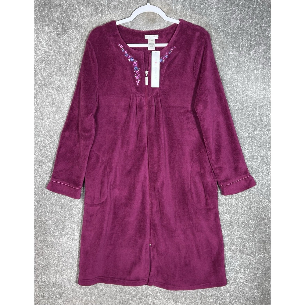 Jasmine Rose Fleece Zip Robe Womens Size M Purple Floral Embroidery Pockets New